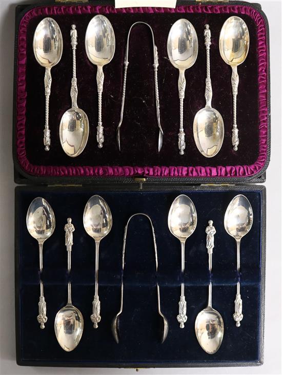 Two cased sets of apostle spoons with tongs, one set silver, one set silver plate.